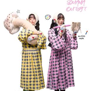 粼夕squama【莳萝】明制汉服改良贴里连衣裙罩衣格纹粉色黄色新款