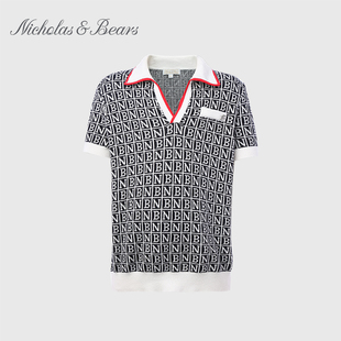 力高芘熊2023夏季新款男童短袖针织T恤儿童经典翻领V领复古毛衣T