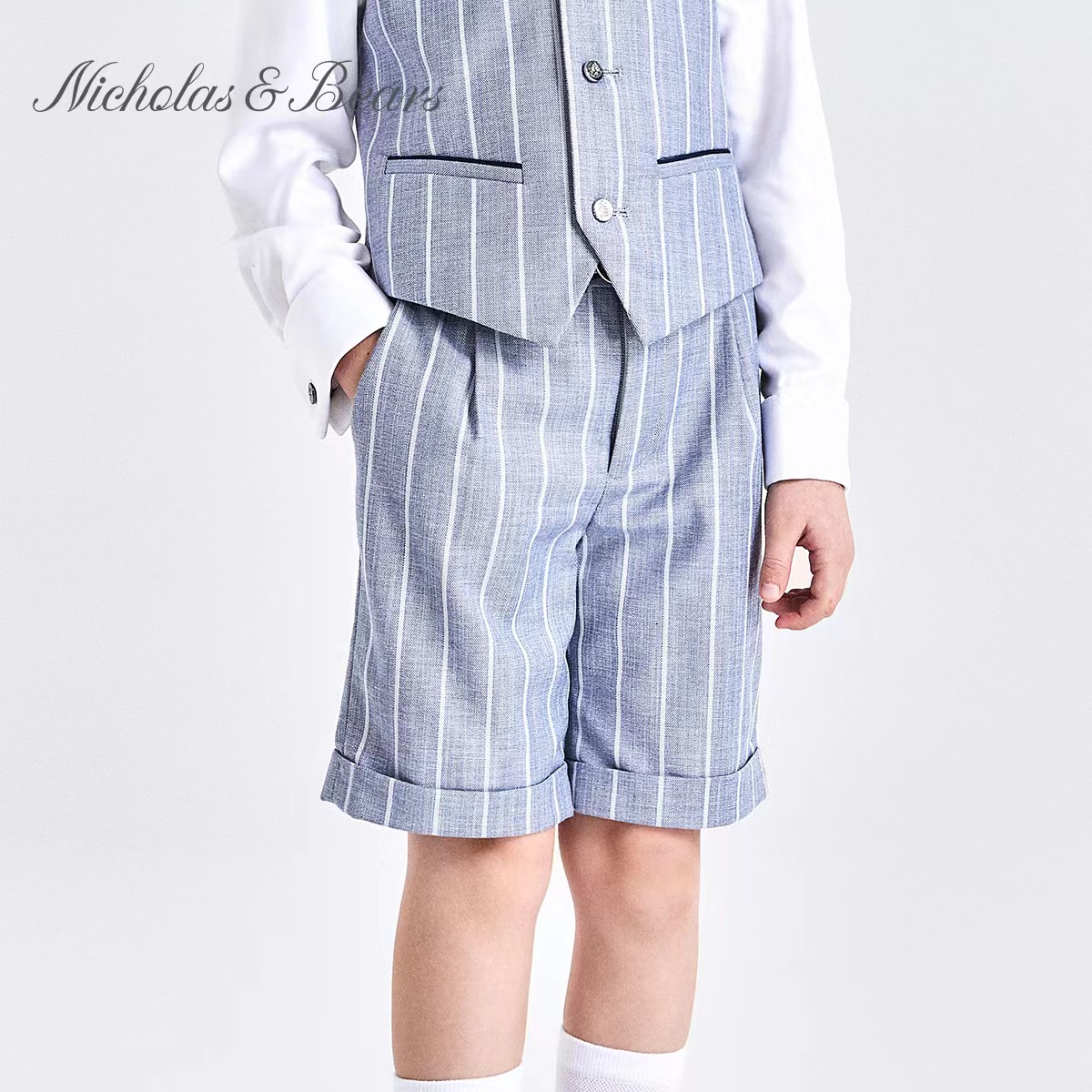 力高芘熊2023年夏季新款男童条纹西装短裤儿童时尚腰带休闲西服裤
