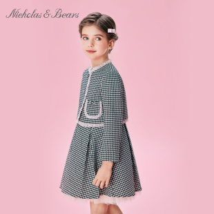 力高芘熊2024年春秋新款 外套蕾丝花边小立领上衣 女童千鸟格长袖