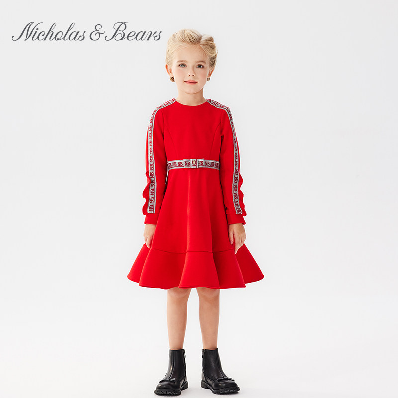 力高芘熊女童连衣裙新年红2023秋冬长袖公主裙女孩甜美裙子童装