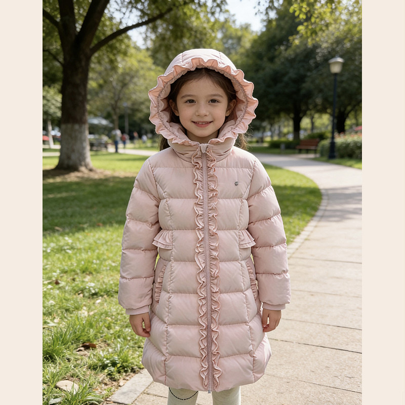 力高芘熊2025年新款女童粉红色长款轻盈保暖连帽羽绒服甜美可爱