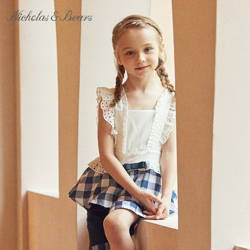 力高芘熊女童夏装套装衬衫T恤短裤棉女宝背心格纹糖果色轻簿上衣