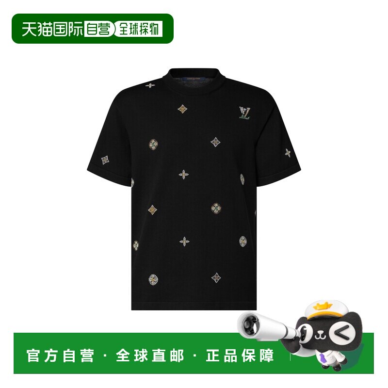 自营欧洲直邮LV路易威登 男士黑色棉质镶饰短袖T恤男装
