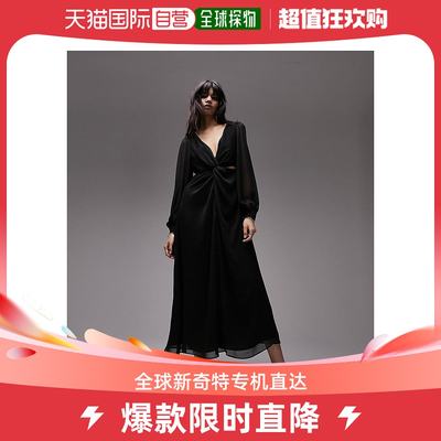 香港直邮潮奢 Topshop 女士 长袖扭纹剪口中长连衣裙(黑色)