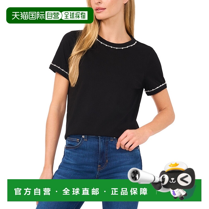 自营CeCe Boxy T-Shirts Women Black Cotton Pearl Trim Short S