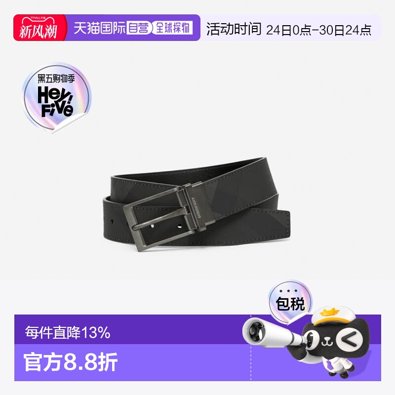 香港直邮Burberry博柏利3.5cm宽格纹帆布和皮革针扣双面用腰带皮