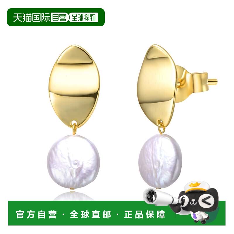 自营 genevive纯银 14k 黄金镀白硬币珍珠吊坠侯爵夫人圆形耳环 -