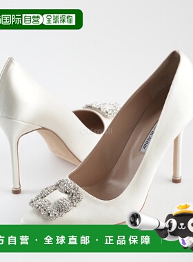 韩国直邮Manolo Blahnik Hangisi - 白色缎面宝石扣高跟鞋 (9XX 0
