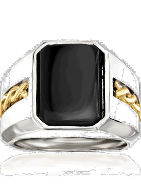 自营 Ross-Simons 925 纯银和 14 克拉黄金男士黑色缟玛瑙戒指 -