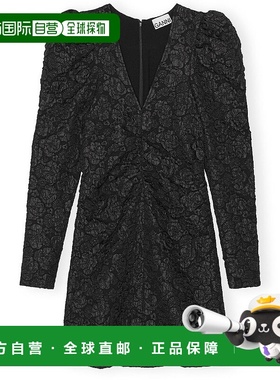 香港直邮GANNI 女士半身裙 F8497099 黑色 提花 V 领迷你连衣裙