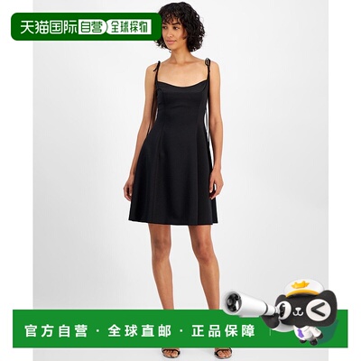 自营 Hugo Boss Kamuran迷你连衣裙女式黑色领带意大利面条表带A-