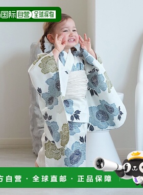 1h可退 日本直邮utatane 女童水蓝牡丹浴衣三件套 6510273501