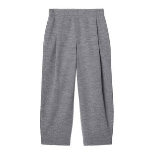 COS 24新款 女士灰色羊毛混纺弹力腰边桶形缩绒休闲裤