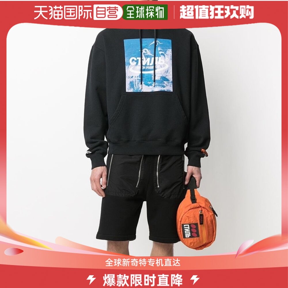 香港直邮heron preston仙鹤白鹭男士连帽卫衣黑色自带抽绳短款
