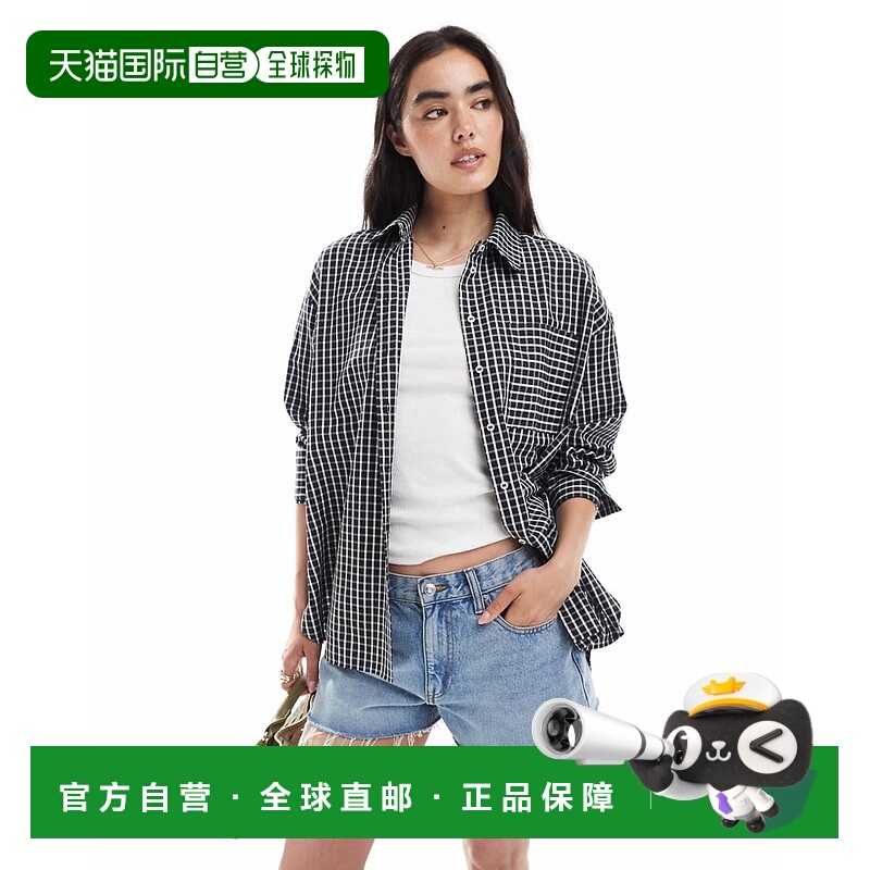 1h可退 香港直邮潮奢 ASOS 女士 设计宽松款口袋方格棉布衬衫(黑)