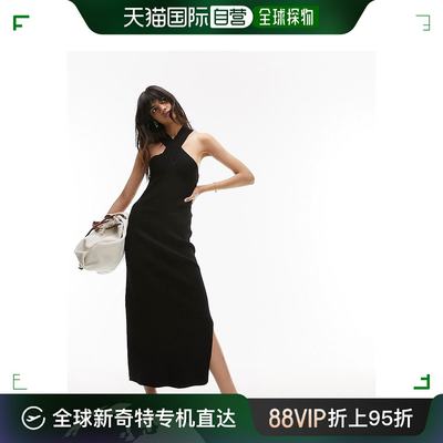 香港直邮潮奢 Topshop 女士 针织前交叉中长连衣裙(黑色)