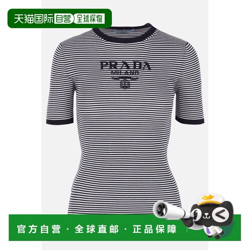 1h可退 香港直邮Prada 普拉达 女士 条纹真丝圆领带Logo毛衣 P24T