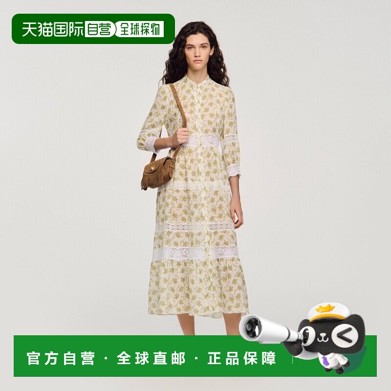 自营欧洲直邮Sandro桑德罗 女士橄榄色/米白色蕾丝碎花长款连衣裙图片