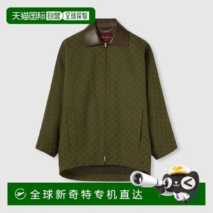 古馳 歐洲直郵Gucci 女士森林綠帆布雙G皮質(zhì)翻領(lǐng)夾克