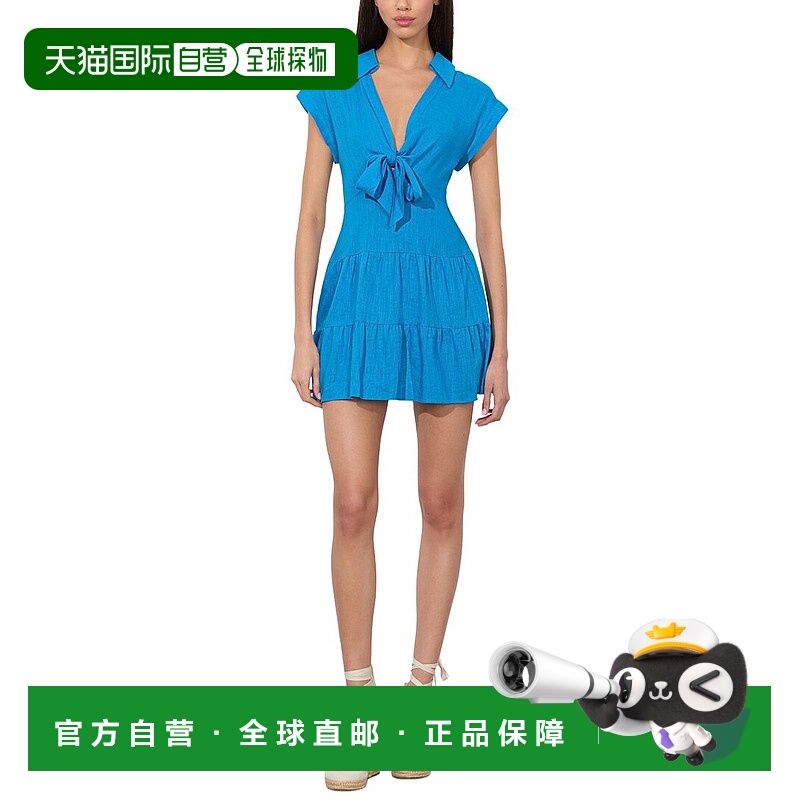 自营alice + olivia Mila V Neck Tie Fit Tiered Linen-Blend Mi