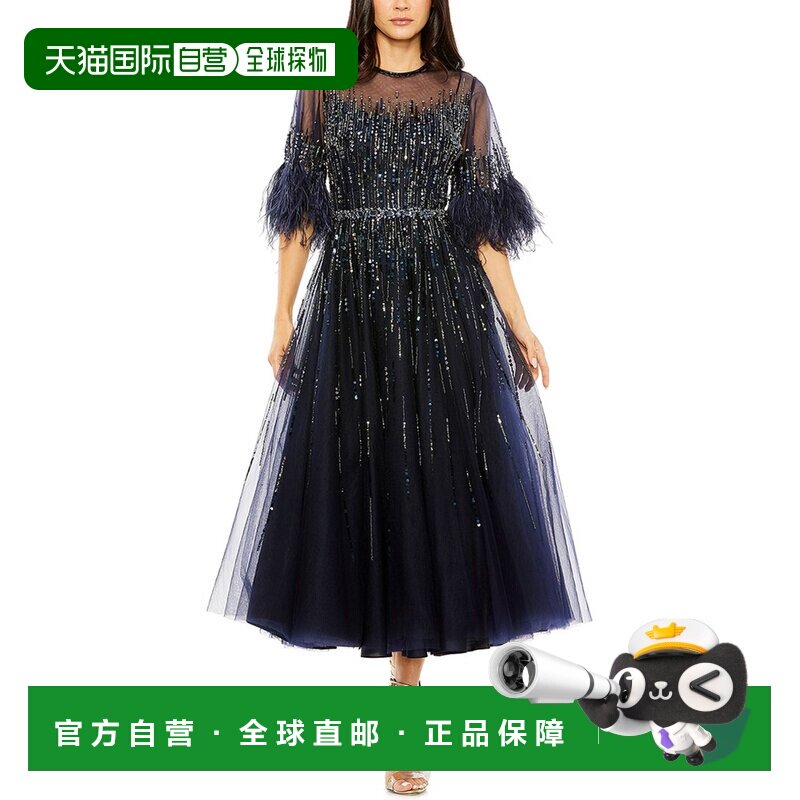 自营Mac Duggal袖错觉领正式连衣裙-蓝色 美国奥莱直发