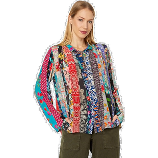 自营 Johnny Was 女式 Treble Sofia 系扣波西米亚风格丝绸衬衫 -