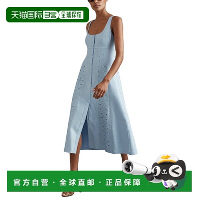 自营Reiss Clarice Broderie Detail Linen Midi Dress - blue 美