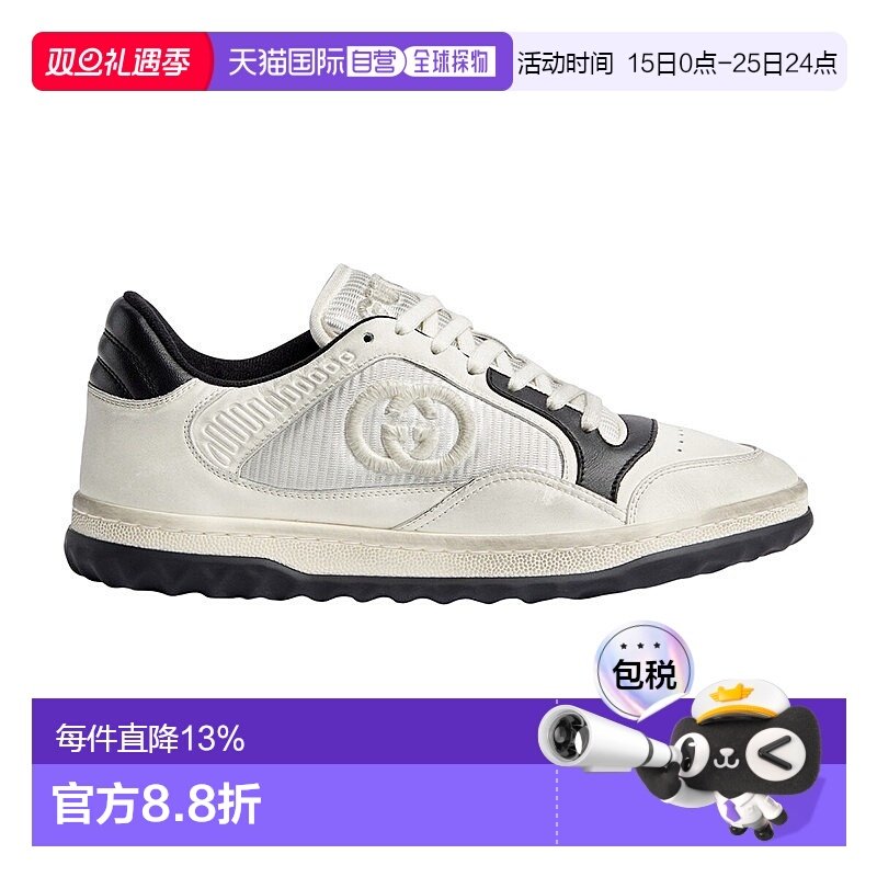 自营欧洲直邮GUCCI/古驰 女士米白色黑色皮革MAC80低帮系带运动鞋
