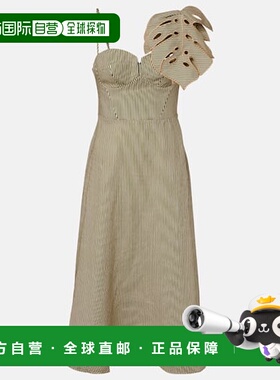 1h可退 香港直邮FARM RIO 女士 Monstera 条纹亚麻中长连衣裙