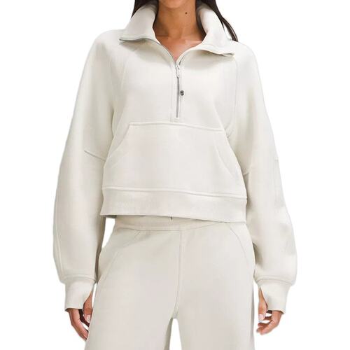 LULULEMON/露露乐蒙 女米白色棉质拇指孔拉链高领开口卫衣