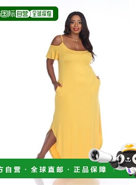 自营 white mark白色Mark Lexi Maxi连衣裙女式芥末色冷肩弧形下F
