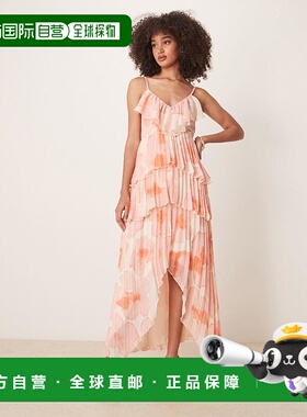 1h可退 香港直邮ASOS 女士 asym 设计褶边层叠感打褶水彩印花连衣