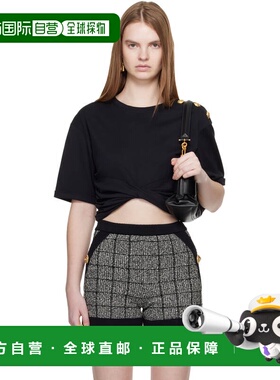 1h可退 香港直邮Balmain 巴尔曼 女士 黑色 Cropped Tie T 恤 FF0