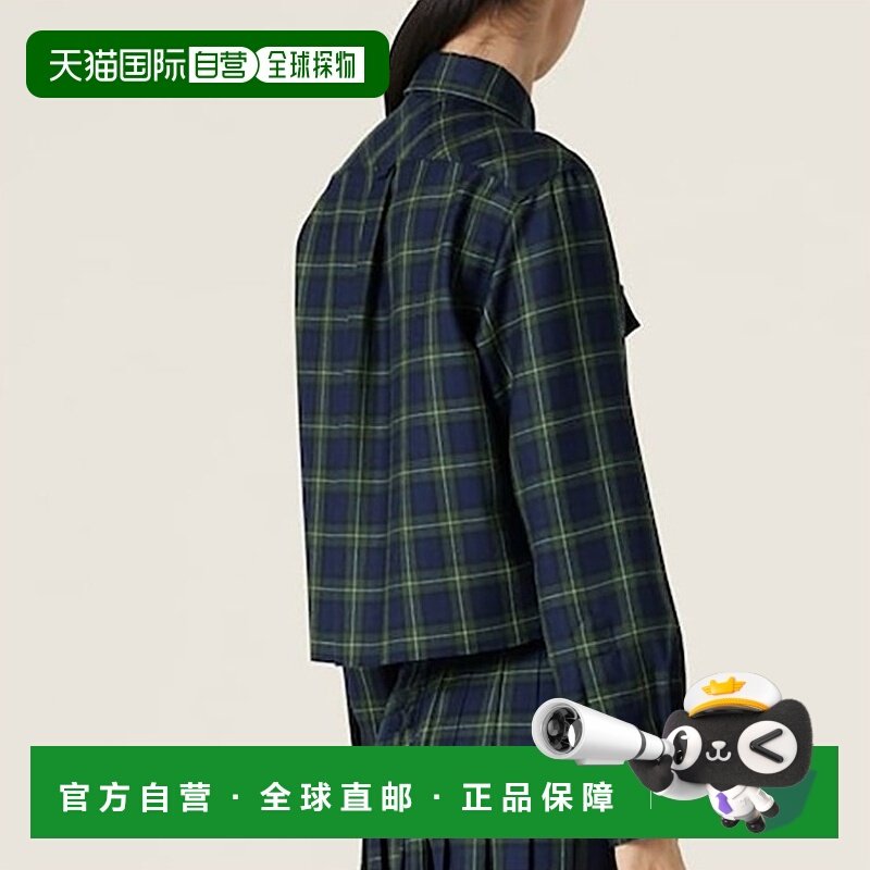 自营欧洲直邮MiuMiu 24新款 女士军绿色羊毛纽扣开合刺绣徽标格纹