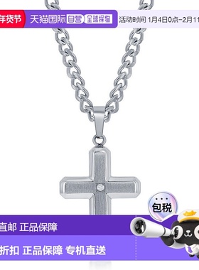自营blackjack不锈钢拉丝和抛光钢带单条 CZ 十字架项链 银白色