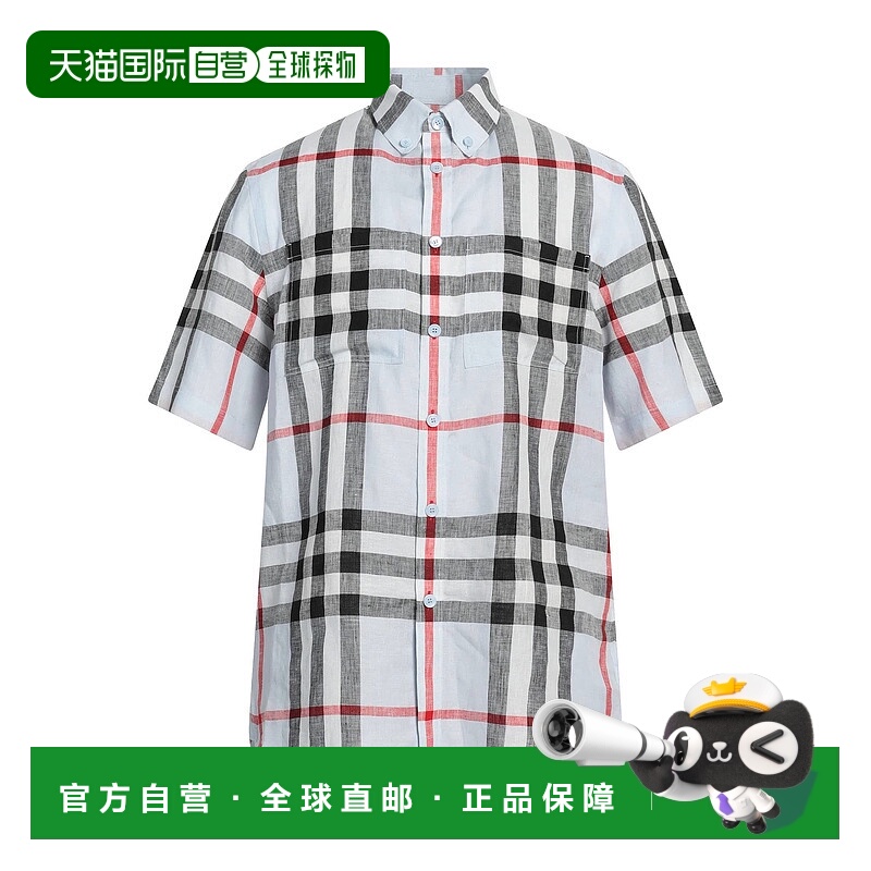 1h可退 香港直邮潮奢 Burberry 巴宝莉 男士 亚麻衬衫 blue蓝色