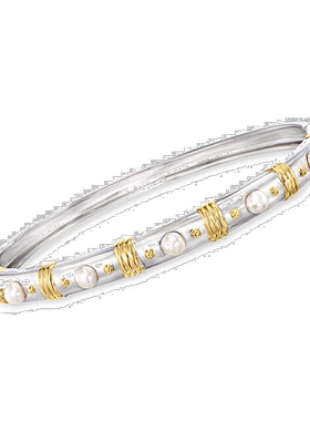 Ross-Simons 3.5-4 毫米养珠手镯 2 色纯银 - 8 英寸 【美国奥莱