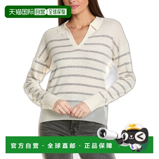 自营 Amicale Cashmere 条纹 V 领 Johnny Collar 羊绒毛衣 - 白