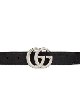 GUCCI/古驰 儿童男女同款黑色皮革双G银扣腰带2.5cm宽