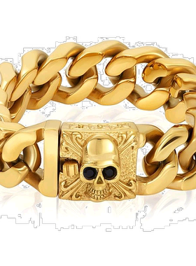 自营Crucible 洛杉矶镀金不锈钢头骨带黑色 CZ 眼睛 - 9 英寸 -