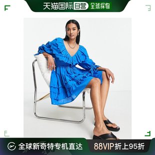 香港直邮潮奢 皱褶刺绣迷你深蓝色连衣裙 女士 Topshop