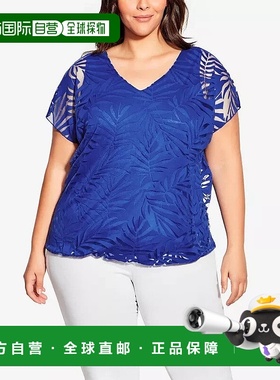 自营 Avenue Elora Burnout上衣女式海洋花卉透明V领FTS1175-蓝色