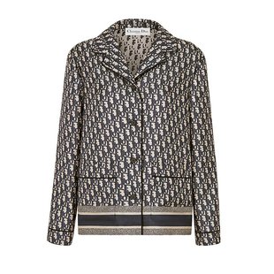 欧洲直邮Dior迪奥SS23女士外套蓝色logo满印花斜纹桑蚕丝长袖