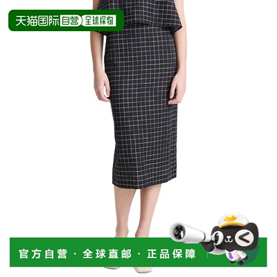 自营Vince Linen-Blend Trellis Plaid Pencil Skirt - black 美