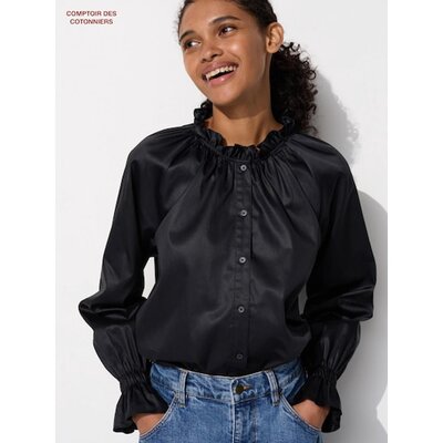 UNIQLO优衣库 缎面棉质荷叶边衬衫女款 09 BLACK L 477755