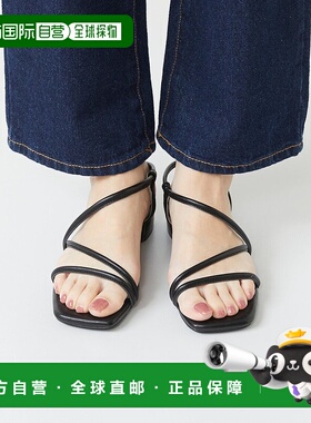 日本直邮Menue 方形鞋头侧边系带低跟凉鞋 ME8623BW02410 黑色