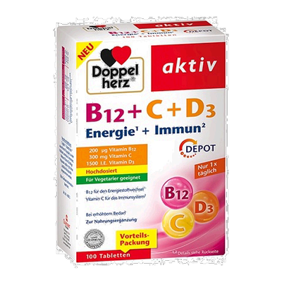 欧洲直邮Doppelherz双心抗疲劳片剂100粒维生素B12+维C+维D3胶囊