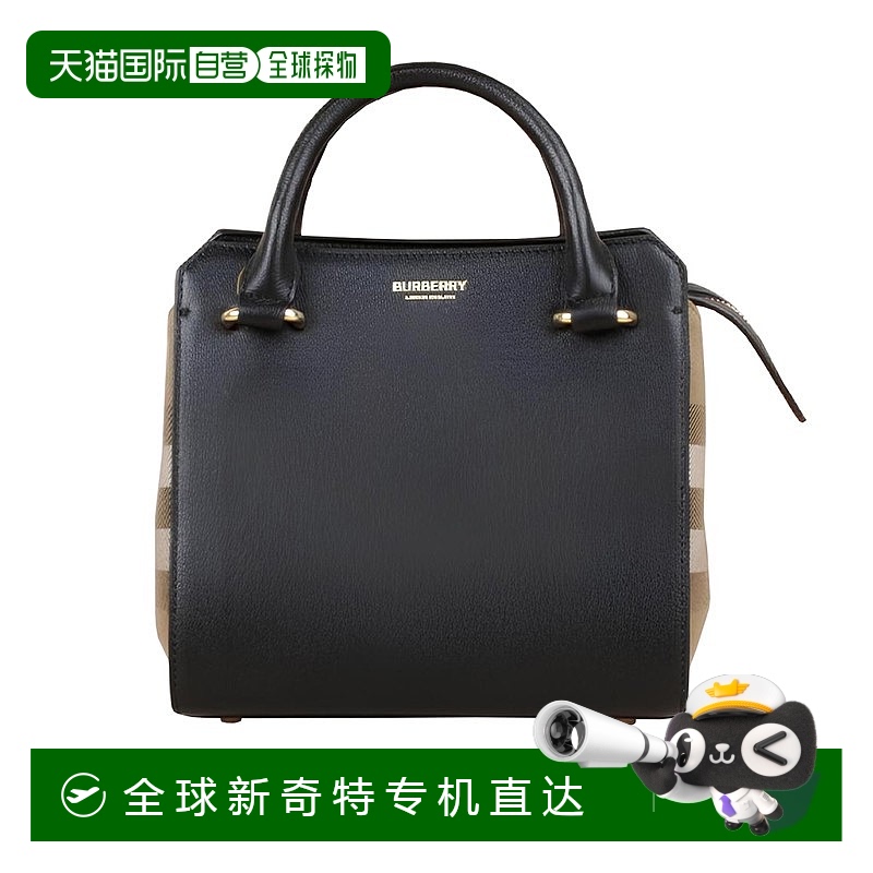 欧洲直邮BURBERRY/博柏利 女士迷你黑色牛皮带肩带印花托特手提包