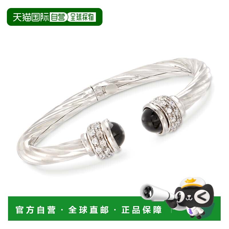 自营925 纯银 Ross-Simons 意大利黑缟玛瑙和 CZ 扭曲袖口手链 -